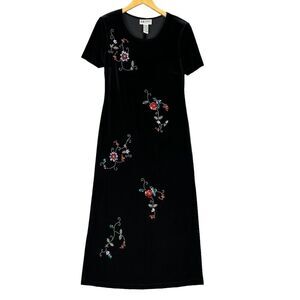 S.L. Fashions Petites 12P‎ Black Velvet Maxi Dress Beaded Floral Embroidery Y2K